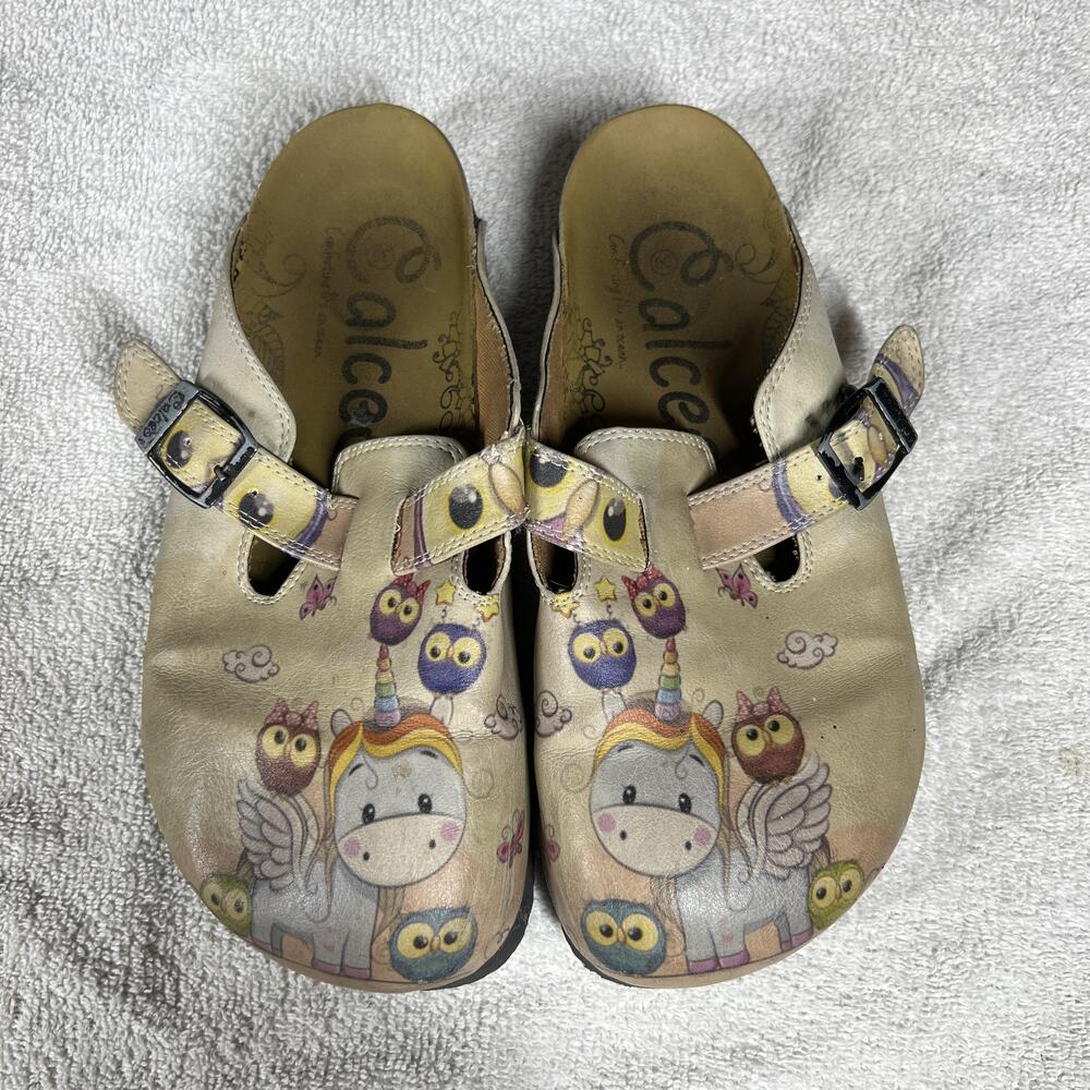 Calceo Sandals Womens Size 39 Beige Unicorn Owl Print Slip-On Wedge